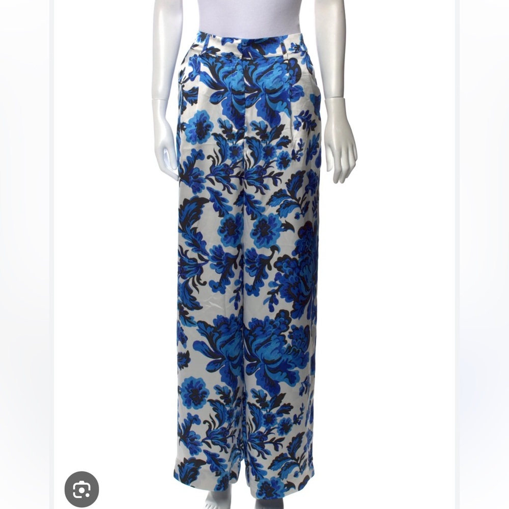 Christian Lacroix Designer Satin Bold Blue& White Floral Wide Leg Pleated Pant,S